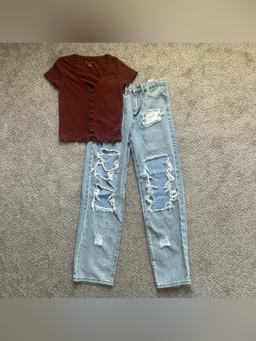 American Eagle Crop Top and Denim Shein Jeans Size XS Brown Light Blue Bundle